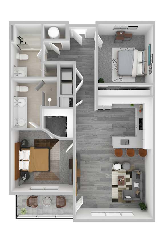 A 3D floor plan of a small apartment with a kitchen, living room, and bedroom.