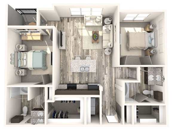 Floor Plan  A 3D rendered image of a small apartment layout.