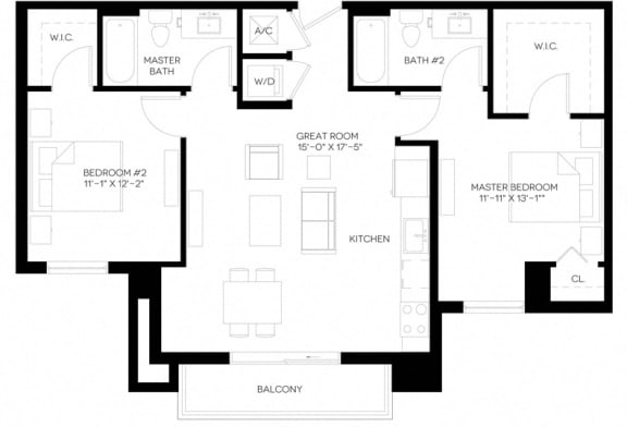 2 Bed 2 Bath 989 square feet floor plan B2