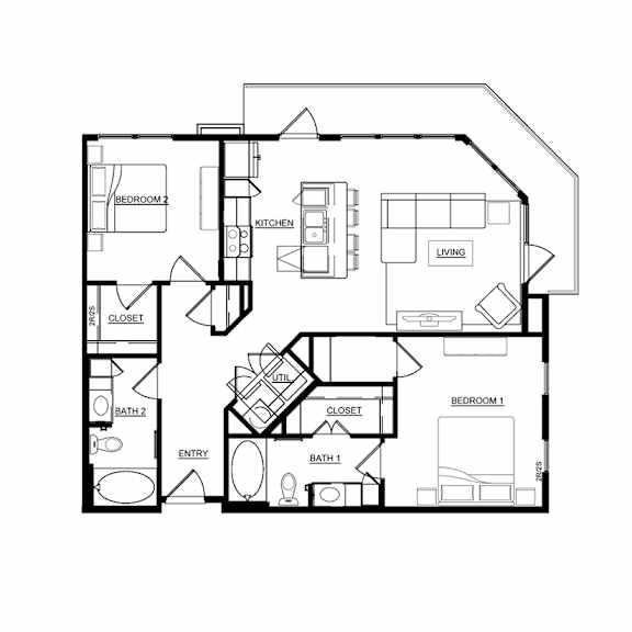 A black and white image of a house floor plan with two bedrooms, a kitchen, a living room, two bathrooms, and an entry.