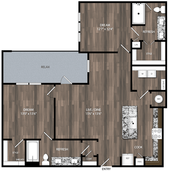 A black and white image of a floor plan for a house with a living room, dining room, kitchen, and two bedrooms.