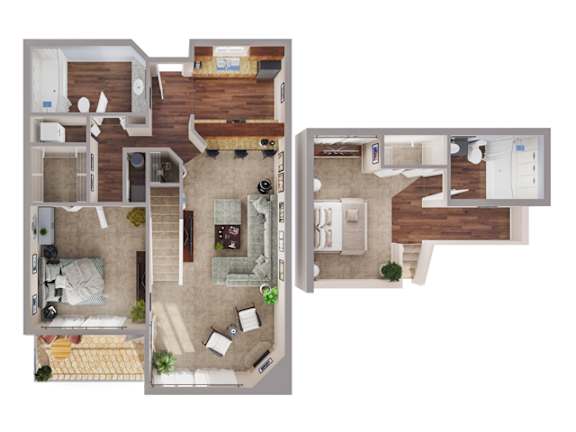 A floor plan of a two-story house with a living room, kitchen, and bedrooms.
