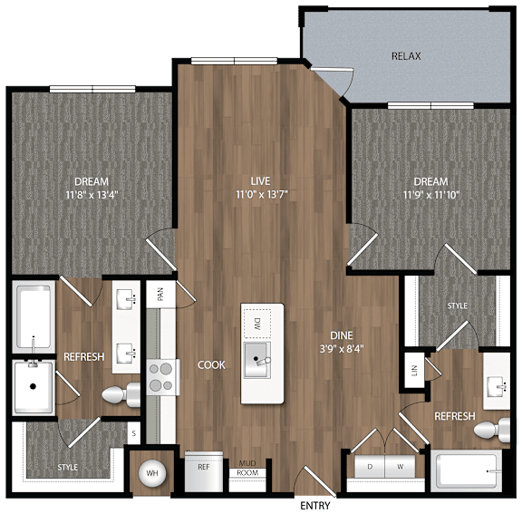 A floor plan of a house with a living room, dining room, kitchen, and two bedrooms.