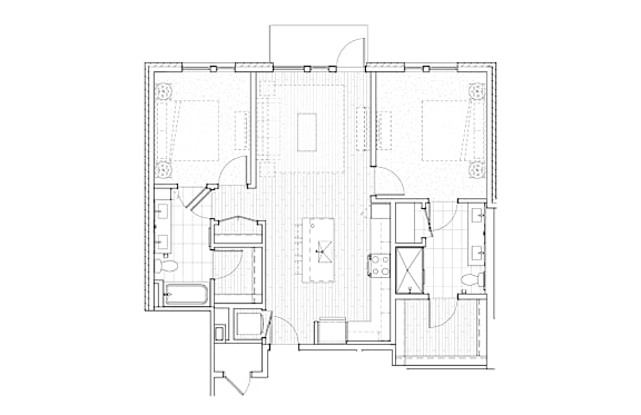 A floor plan of a house with a kitchen, living room, and two bedrooms.
