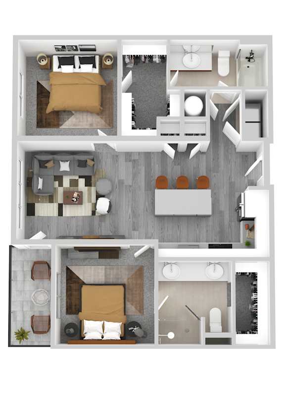 A top-down view of a house layout with a living room, kitchen, dining area, and bedrooms.