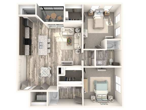 Floor Plan  A 3D floor plan of a small apartment with a bedroom, living room, and kitchen.