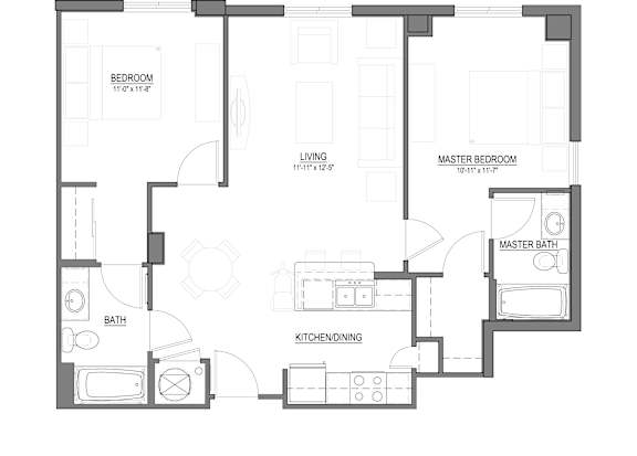 A floor plan of a home with a master bedroom, living room, kitchen/dining area, and bathroom.
