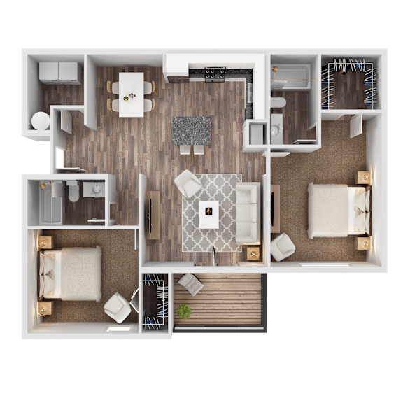 A top-down view of a small apartment with a living room, kitchen, and bathroom.