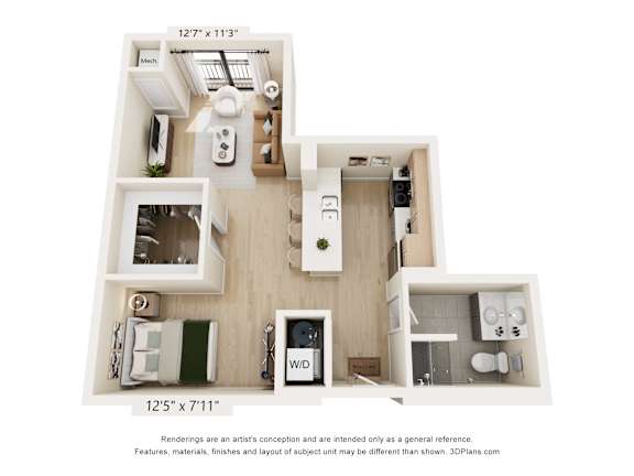 A 3D floor plan of a small apartment with a kitchen, living room, and bathroom.