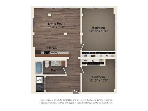 A floor plan of a home with a living room, kitchen, bath, and two bedrooms.