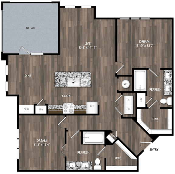 A floor plan of a house with a RELAX area, a COOK area, a DINE area, and a REFRESH area.