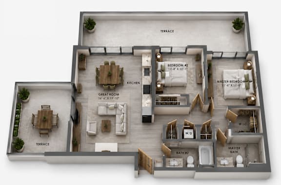 B3 two-bedroom apartment floor plan at MB Station apartments featuring spacious bedrooms, modern bathrooms, an open living and dining area, contemporary kitchen, and oversized terrace. Pet-friendly Miami apartments near Shenandoah and Coconut Grove.