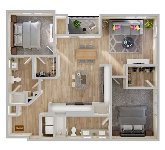 A 3D floor plan of a small apartment with a living room, kitchen, and bedroom.