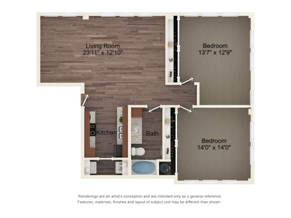 A floor plan of a house with a living room, kitchen, bathroom and two bedrooms.