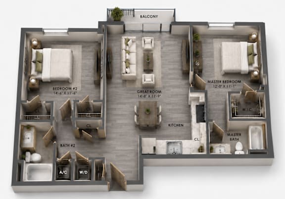 B4 two-bedroom apartment floor plan at MB Station in Miami featuring two bedrooms, two bathrooms, expansive living space, modern kitchen, and private balcony. Apartments for rent near Coral Way and Downtown Miami.