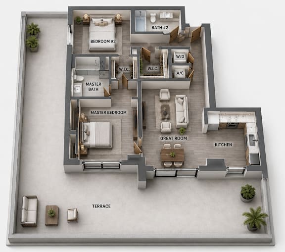 B5 two-bedroom apartment floor plan at MB Station apartments featuring an open-concept layout, spacious bedrooms, modern bathrooms, gourmet kitchen, and large outdoor terrace. Pet-friendly apartments near Silver Bluff and Brickell.