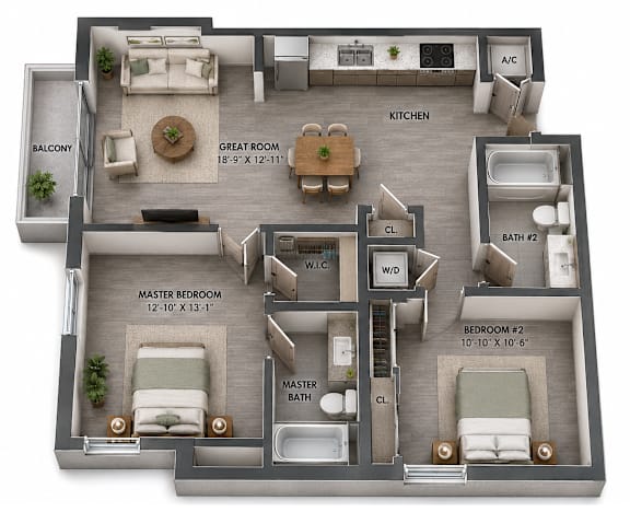 B6 two-bedroom apartment floor plan at MB Station in Miami, FL featuring a split-bedroom layout, spacious living area, modern kitchen, two bathrooms, and outdoor living space. Apartments near Coral Way and Coconut Grove.