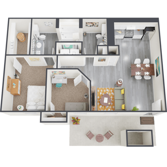 Floor Plan  A 3D floor plan of a house with a living room, kitchen, and dining area.