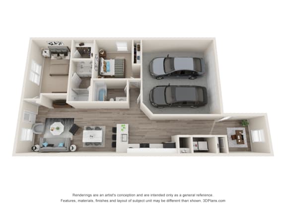 a 3d floor plan of an apartment with a car in the garage