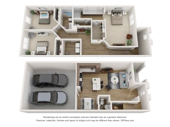 a stylized floor plan with two bedrooms and a car garage