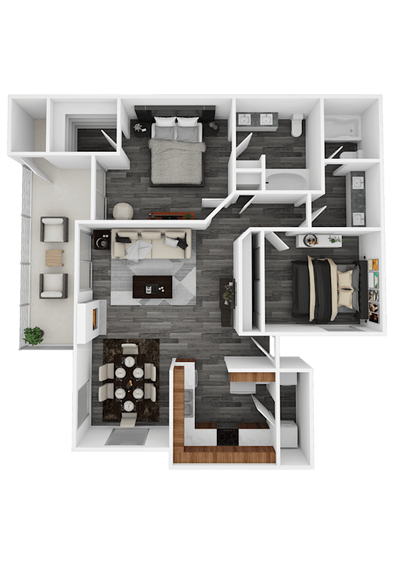Barbados floor plan at Madison at Black Mountain: 976-square-foot apartment with two bedrooms, two bathrooms and a patio.
