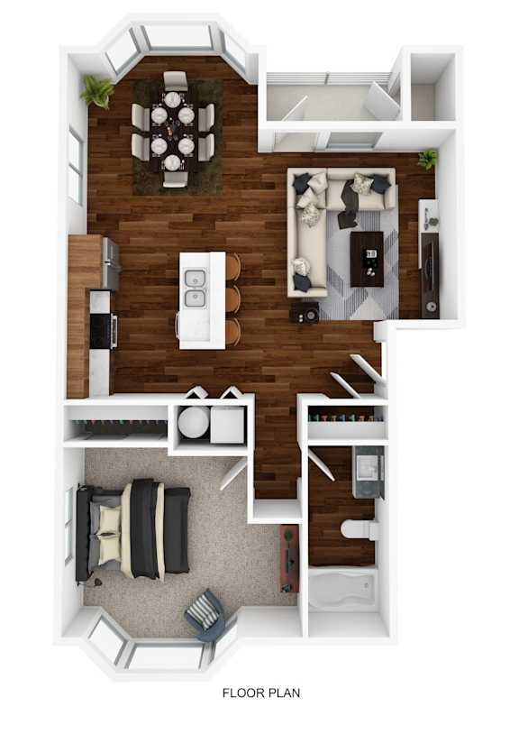 A floor plan of a house with a dining area, living room, kitchen, and bedrooms.