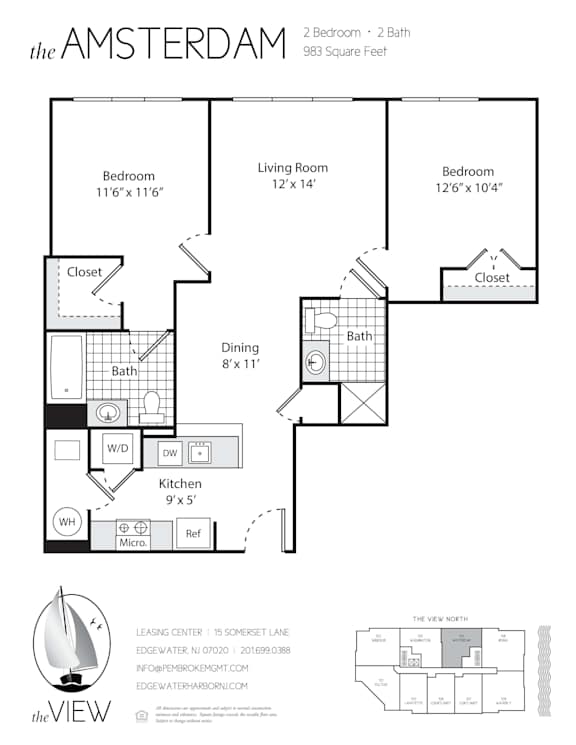 A floor plan for a 2 bedroom, 2 bathroom apartment with a kitchen and living room.