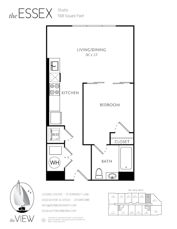 A black and white image of a floor plan for a studio apartment.