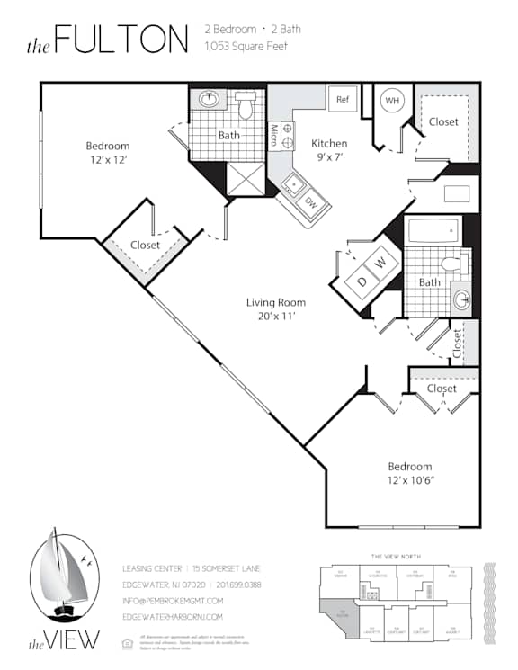 A floor plan for a property called The Fulton, showing a living room, two bedrooms, a bathroom, a kitchen, and closets.