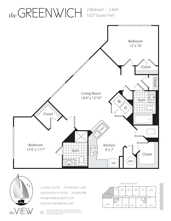 A floor plan for a 2 bedroom, 2 bath apartment at the Greenwich.