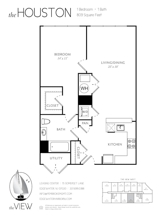 A floor plan for an apartment at the Houston, showing a bedroom, living room, kitchen, bathroom, closet, and utility.