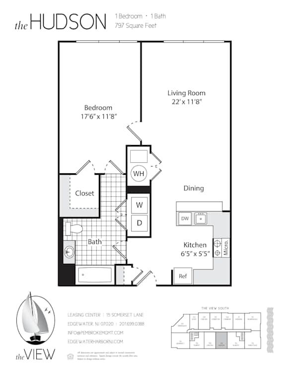 A floor plan for a property called The Hudson shows a bedroom, a living room, a dining room, a kitchen, and a bathroom.