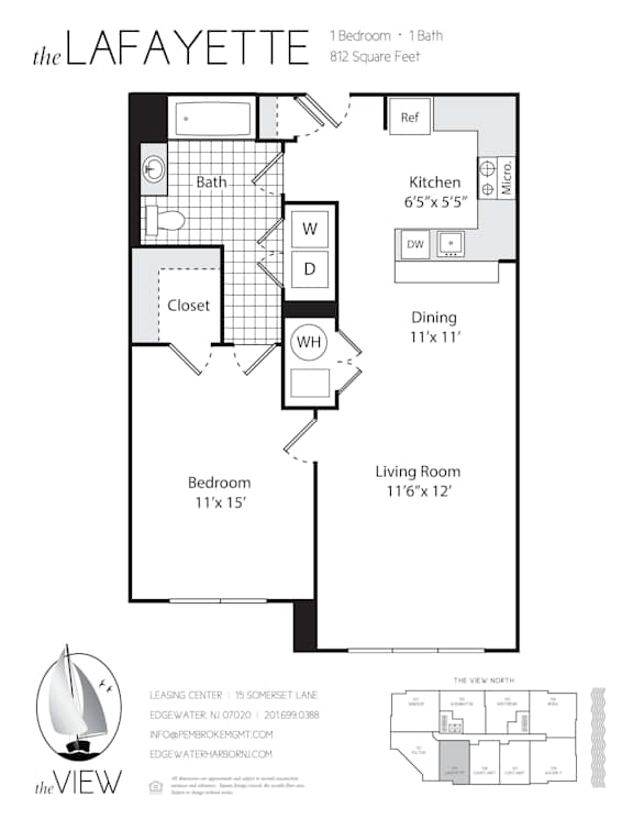 A floor plan for a property called The Lafayette, showing a living room, dining room, kitchen, and two bedrooms.
