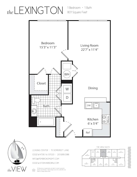 A floor plan for a property called The Lexington, showing a bedroom, living room, dining area, bathroom, kitchen and closet.