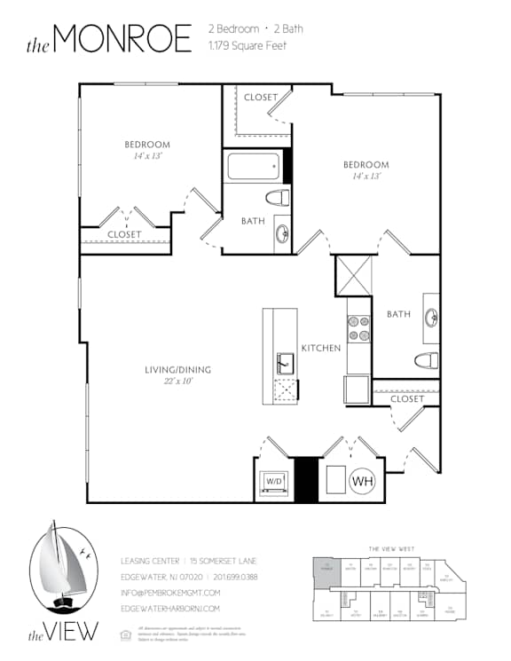 A floor plan for a 2 bedroom, 2 bath apartment at the Monroe.