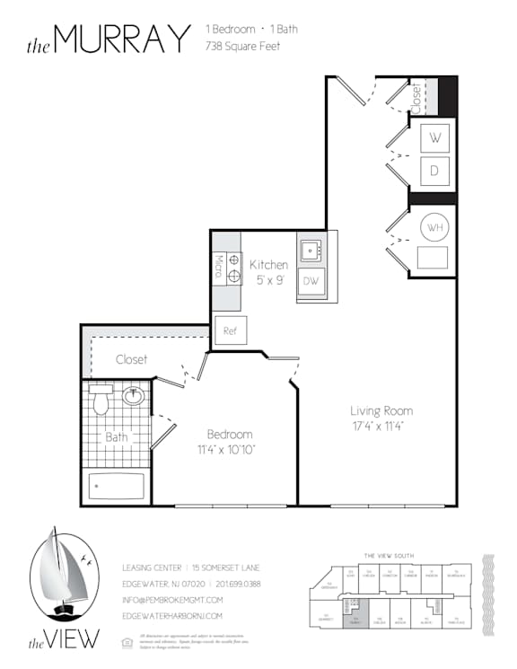 A floor plan for a Murray apartment with a living room, bedroom, kitchen, and closet.
