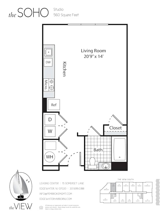 A floor plan for a SOHO Studio at 560 square feet with a living room, kitchen, bath, and closet.