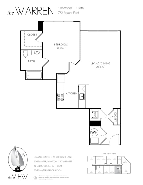 A floor plan for an apartment at the Warren, showing a bedroom, bathroom, living/dining area, and kitchen.