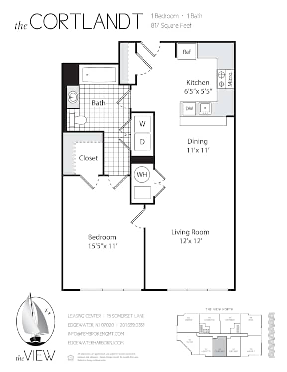 A floor plan for a property called The Cortlandt shows a living room, dining room, kitchen, and two bedrooms.