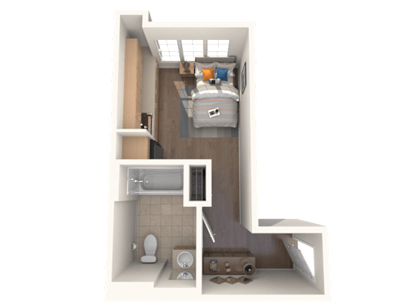 A 3D rendered image of a small, modern bathroom.