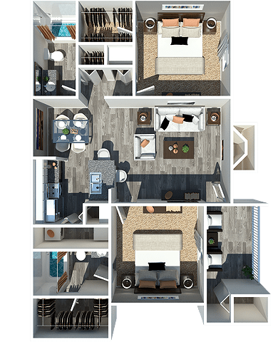 a stylized floor plan of a bedroom and living room