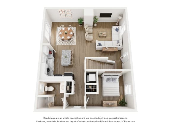 a 1 bedroom floor plan with a bedroom and living room