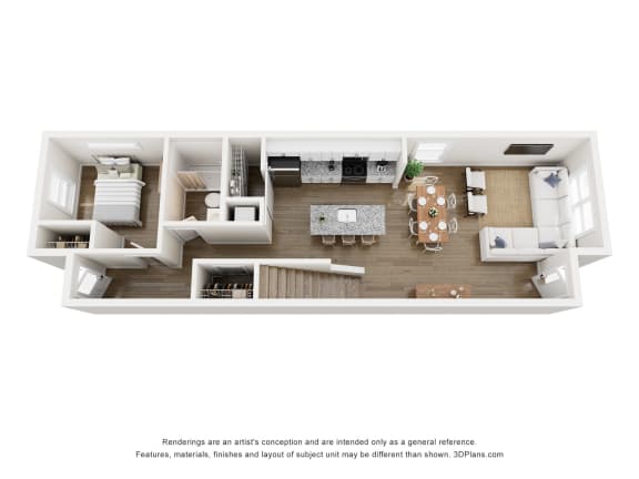 a stylized 3d floor plan of a 1 bedroom apartment