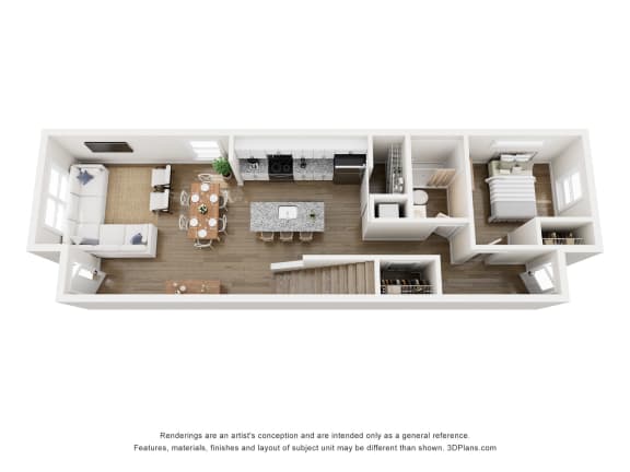 a stylized 3d floor plan with a bedroom and living room
