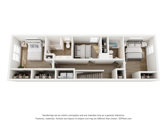 a stylized floor plan showing a bedroom and a living room