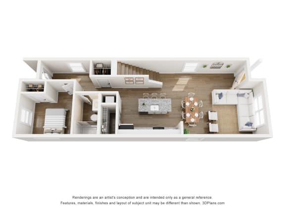 a stylized 3d floor plan with a bedroom and a living room