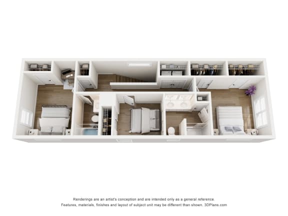 a stylized 3d floor plan with a bedroom and a living room