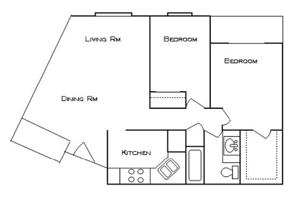 A floor plan of a small apartment with a living room, dining room, kitchen, and two bedrooms.