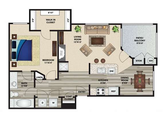 A floor plan of a house with a living room, dining room, kitchen, and bathroom.