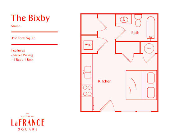 A red floor plan for a studio apartment at 317 Total Sq. Ft. with a kitchen, bath, and w/d.